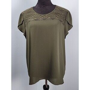 Lily White Womens Flutter Sleeve Lace Top Olive Blouse XL Low High Hem